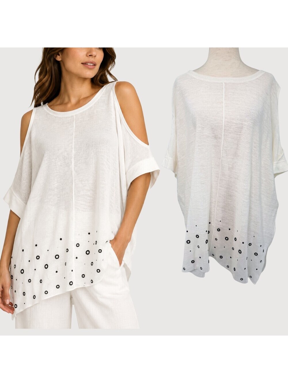 Donna Karan NWT Grommet Linen Cold Shoulder Top M